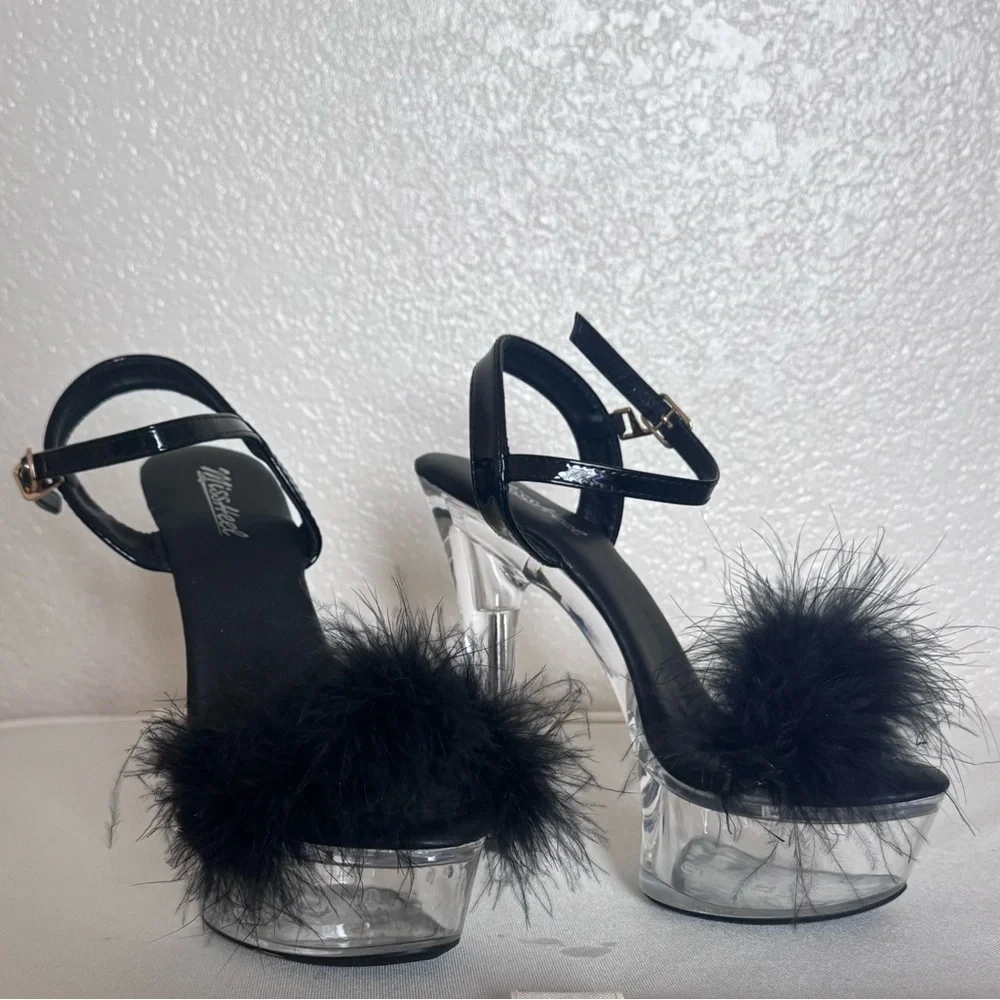 Black | Feather Platform Heels | Clear Heel Statement Stilettos Sexy Glam